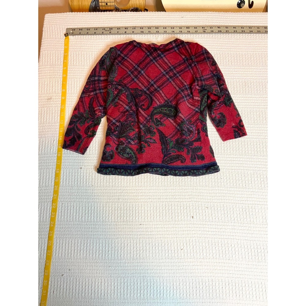 Talbots Pure Merino Wool Red Plaid Paisley Sweater Womens Medium 3/4 Sleeve Knit
